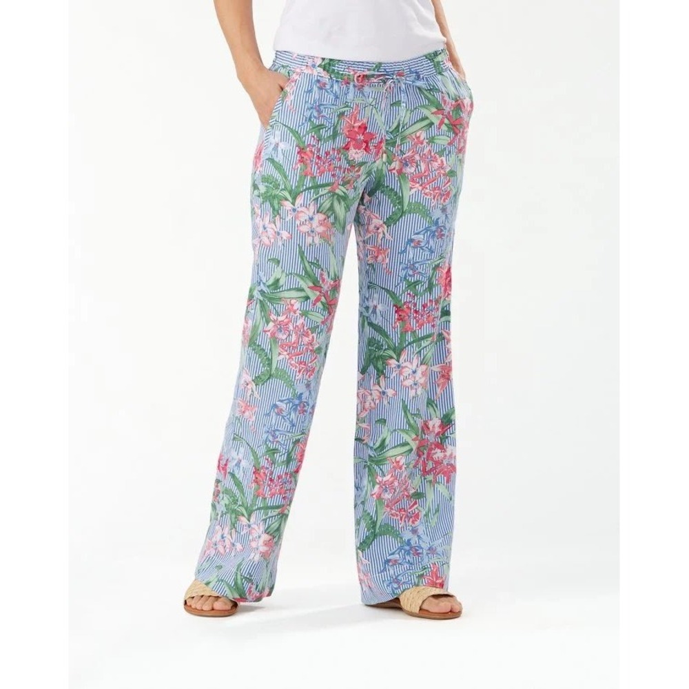 Tommy Bahama Orchid Isle Stripe Easy Pant Women M Blue Floral Linen Wide‎ Leg